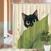 1pc Cute Black Cat Peeking Behind Green Leaf Shower Curtain - Soft Minimalist Polyester Bathroom Decor with 12 Hooks