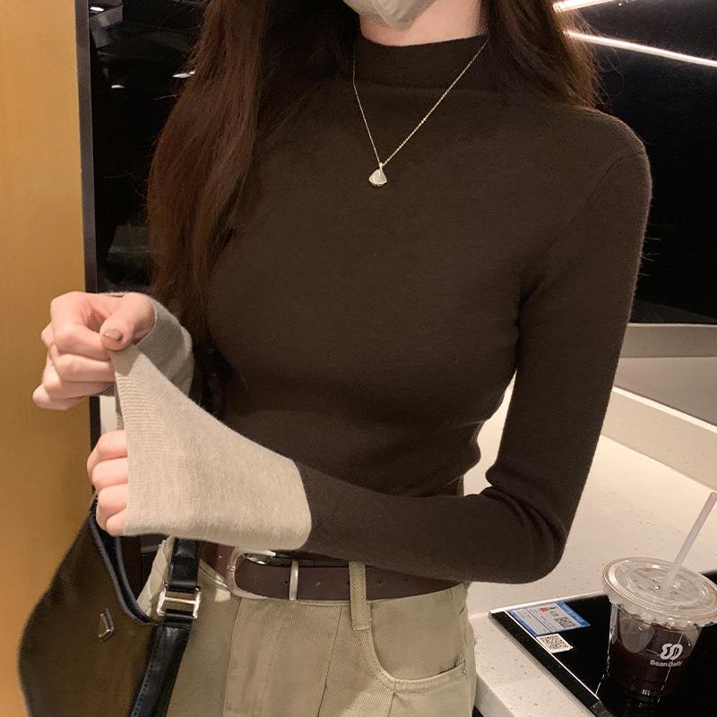 

Дизайнерский контрастный цвет полуворотник трикотажный свитер с длинным рукавом женский осенне-зимний новый облегающий тонкий темпераментный внутренний базовый топ average size