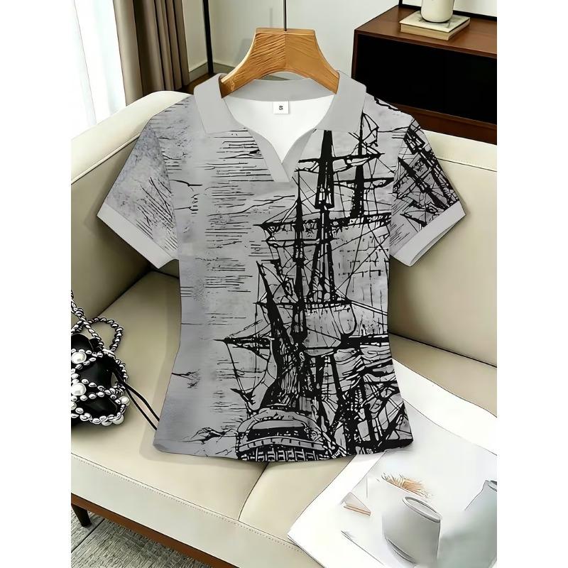 Women's Vintage Lapel Loose Printed Pullover,short sleeve Slimming Versatile Base Top for Autumn Winter