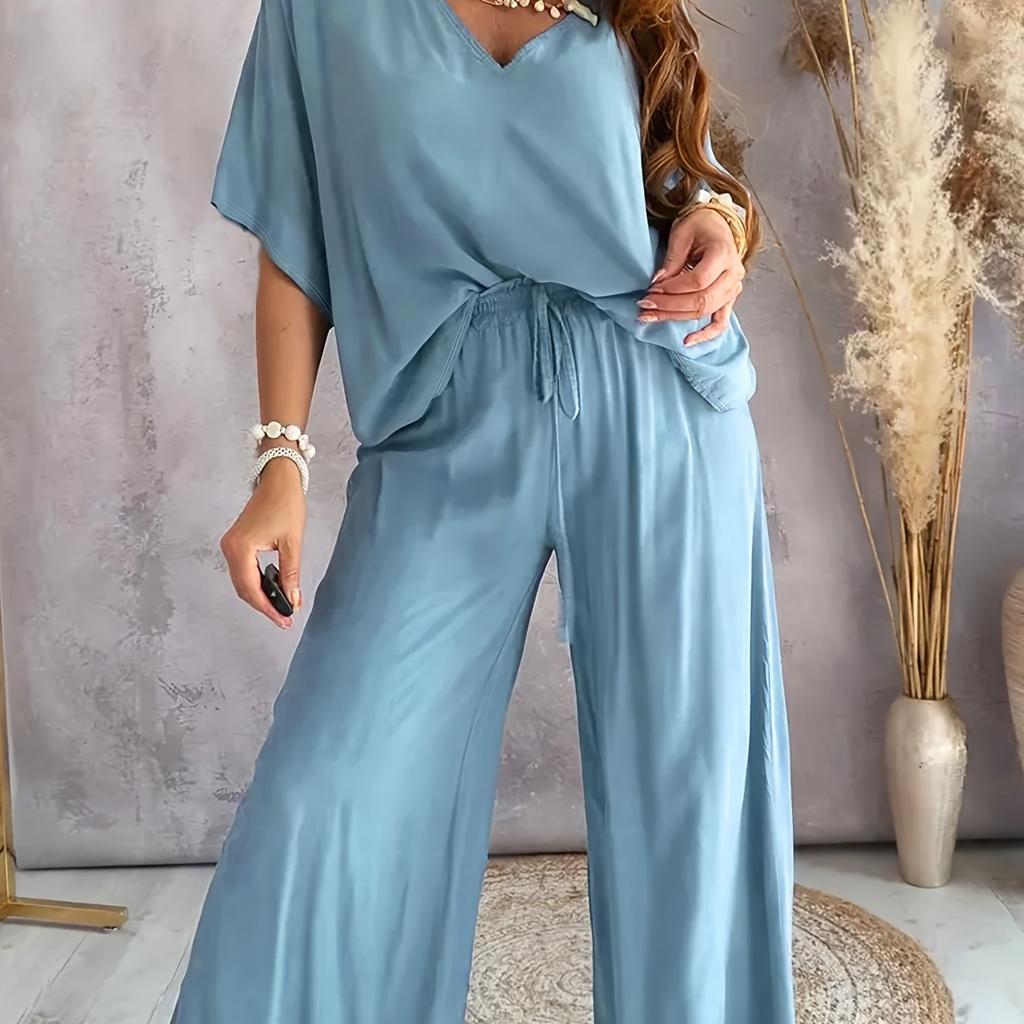 Women Casual Solid Color Pants Set V Neck Half Sleeve Top Wide Leg Outfit Summer Spring Lounge Wear
