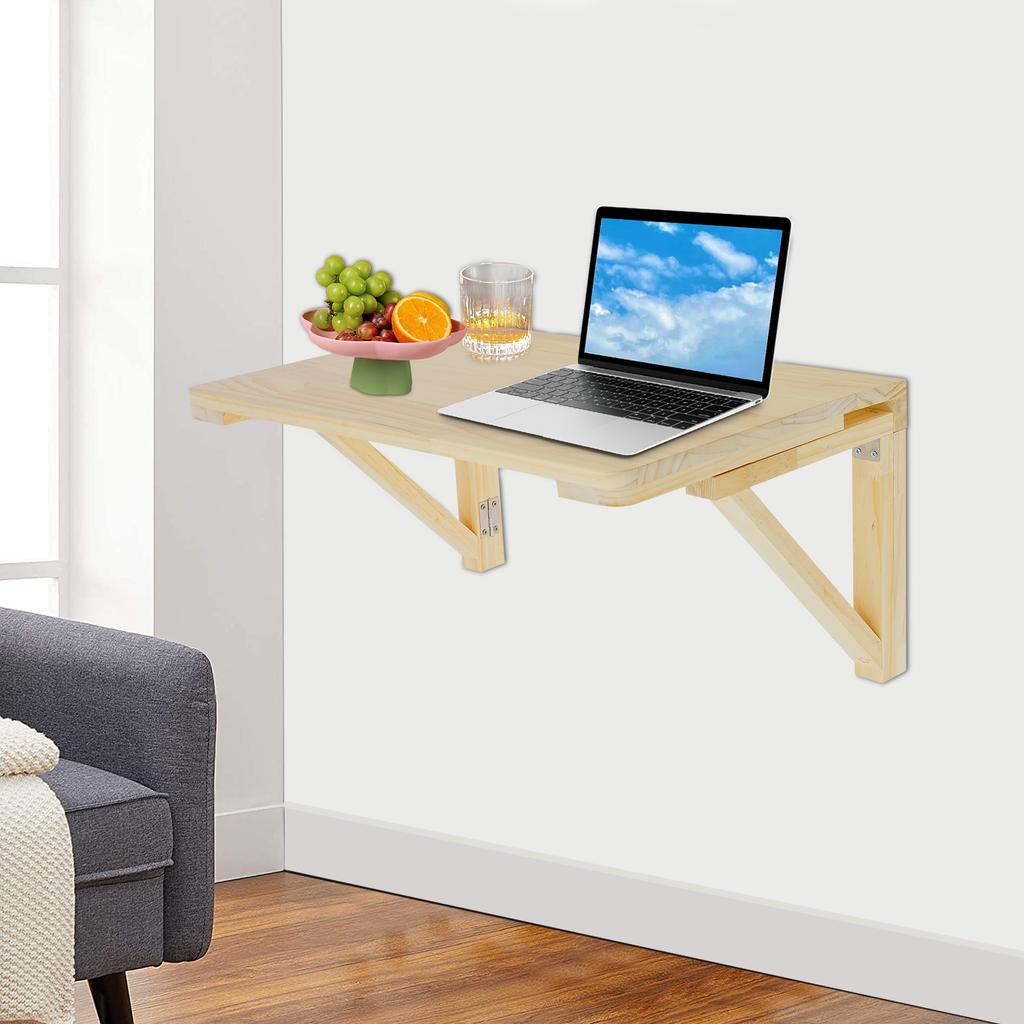 Compact Wall Mounted Folding Table 80x60cm, Solid Pine Wood Drop Leaf Desk, Foldable Wall Mount Desk for Kitchen Laundry Room