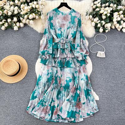 New Autumn Elegant O-neck Print Patchwork Folds Ruffles Full Sleeve High Waist Women Dress