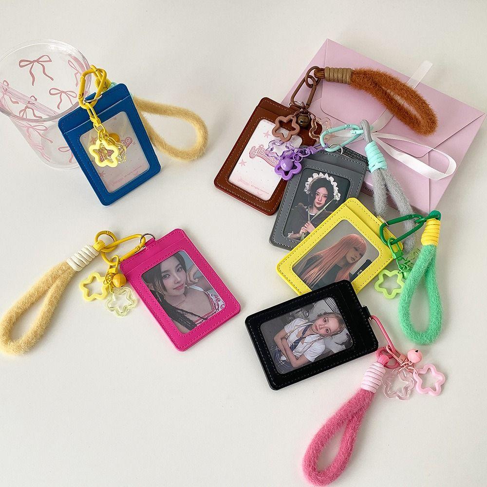 Kawaii PU Leather Card Holder Double Card Slot with Lanyard ID Card Card Holder Photos Protective Cover