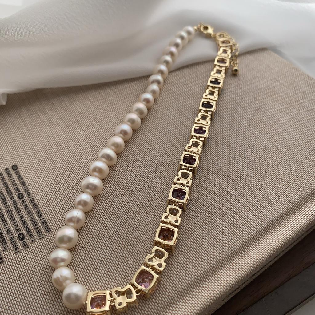 Temperament Pearl Full Of Inlaid Splicing Natural Purple Tanzanite Zircon Necklace, A Variety Of Wearing Designs, Clavicle Chain Women