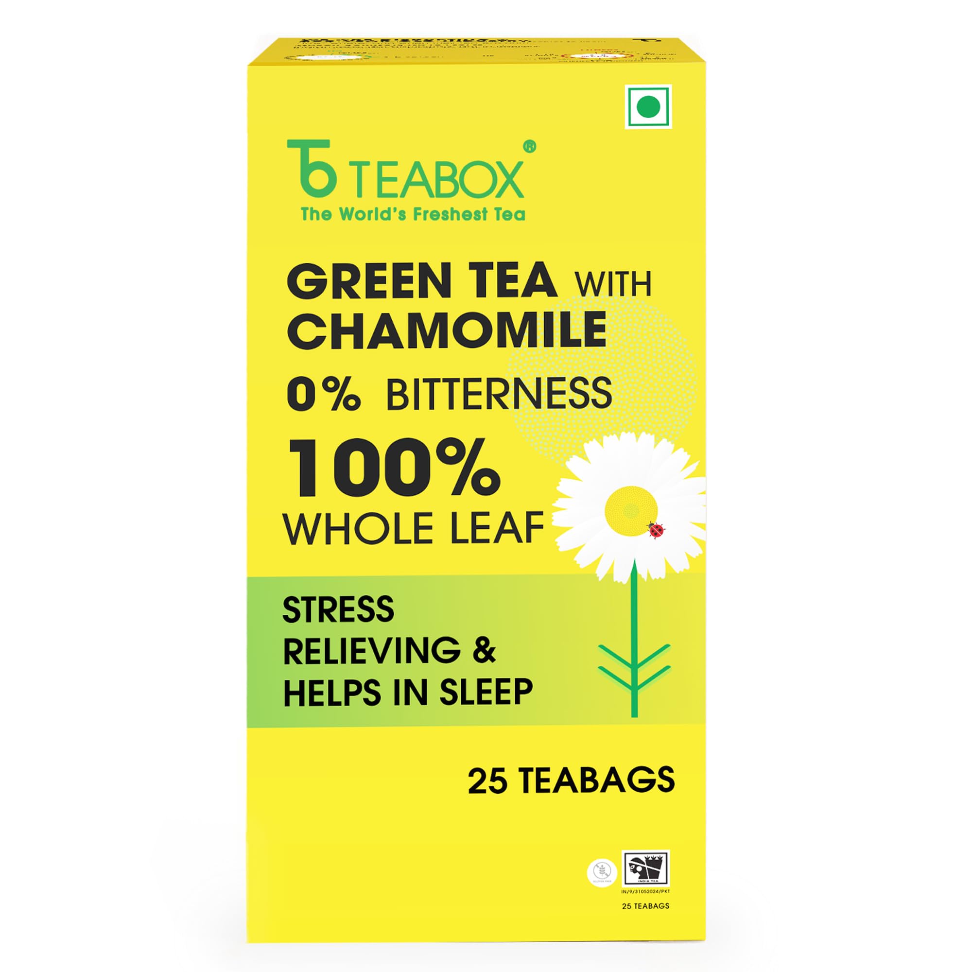 Teabox Chamomile Green Tea 25 Tea Bags | With Egyptian Chamomile Flowers & Whole Leaf Green Tea | Calming Blend for Relaxation & Sleep | Low Caffein