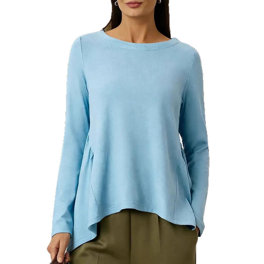 2026 Spring/Autumn New European and American Cross-Border Foreign Trade Amazon WISH Women's Crew Neck Solid Color Long Sleeve Pleated T-Shirt