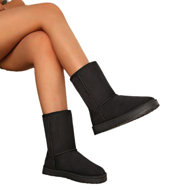 Women's New Autumn Winter Faux Short Fur Slip on Round Toe Flat Rubber Mid Calf Snow Boots