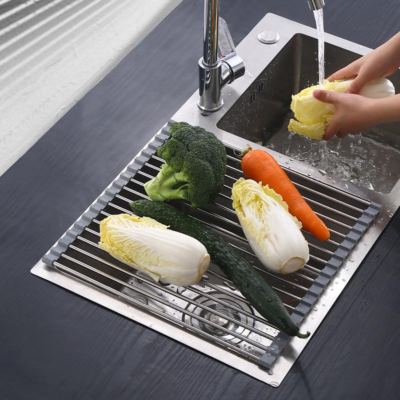 Foldable Stainless Steel Sink Drainer Rack & Roll-Up Dish Mat