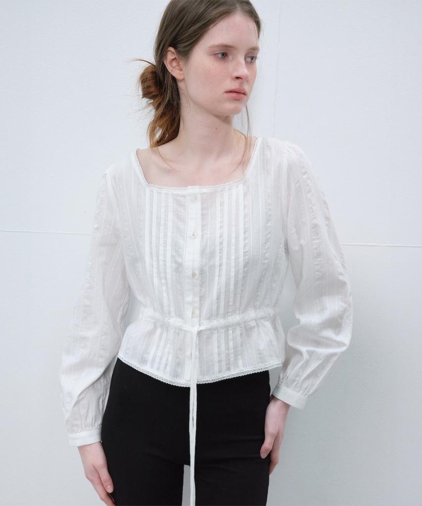 Peulibeo07 Ribbon Shirring Crop Blouse_Ivory