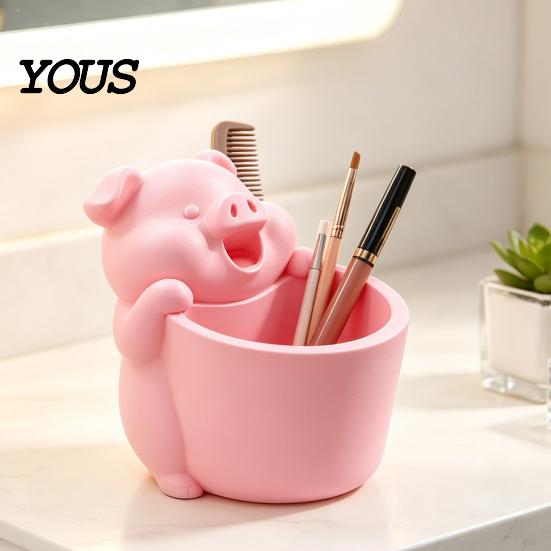 Makeup Brush Cup for Vanity 3D Printed Cute Piggy Storage Pot, Cartoon Pig Shaped Pen Holder, Desktop Clutter Organizer Organizer, Multifunctional