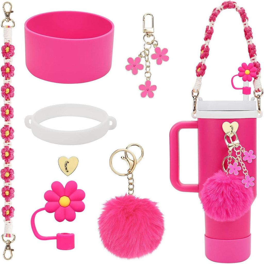 Stanley Water Bottle Accessory Set: Floral Straw Cap with Hand-Woven Rope & Silicone Sleeve for IceFlow Cup