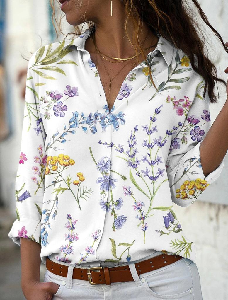Women's Shirt Blouse Butterfly Gradient Printing Button Long Sleeve Casual Fashion Standing Collar Spring and Autumn Blouse