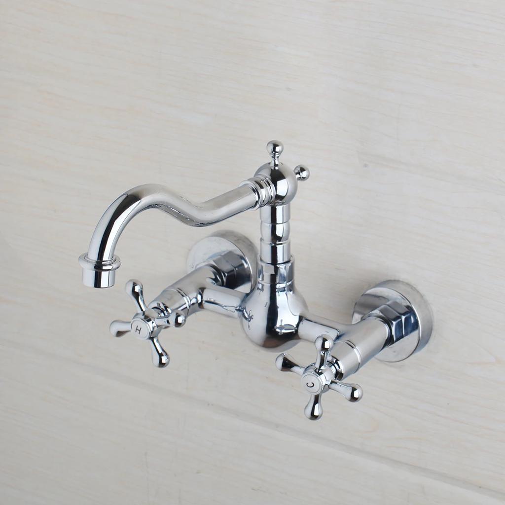 KEMAIDI Antique Brass Bathroom Basin Sink Faucet Tap Dual Handles Wall Mounted Hot Cold Water Mixer Tap 360 Swivel Spout Faucets