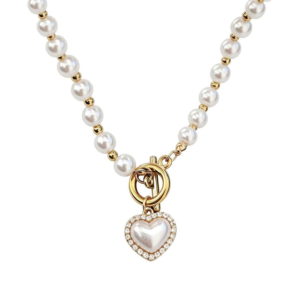 Japanese Korean Simple One Arrow Heart Imitation Pearl Necklace Niche Design Sweet Beaded Short Necklace Accessory