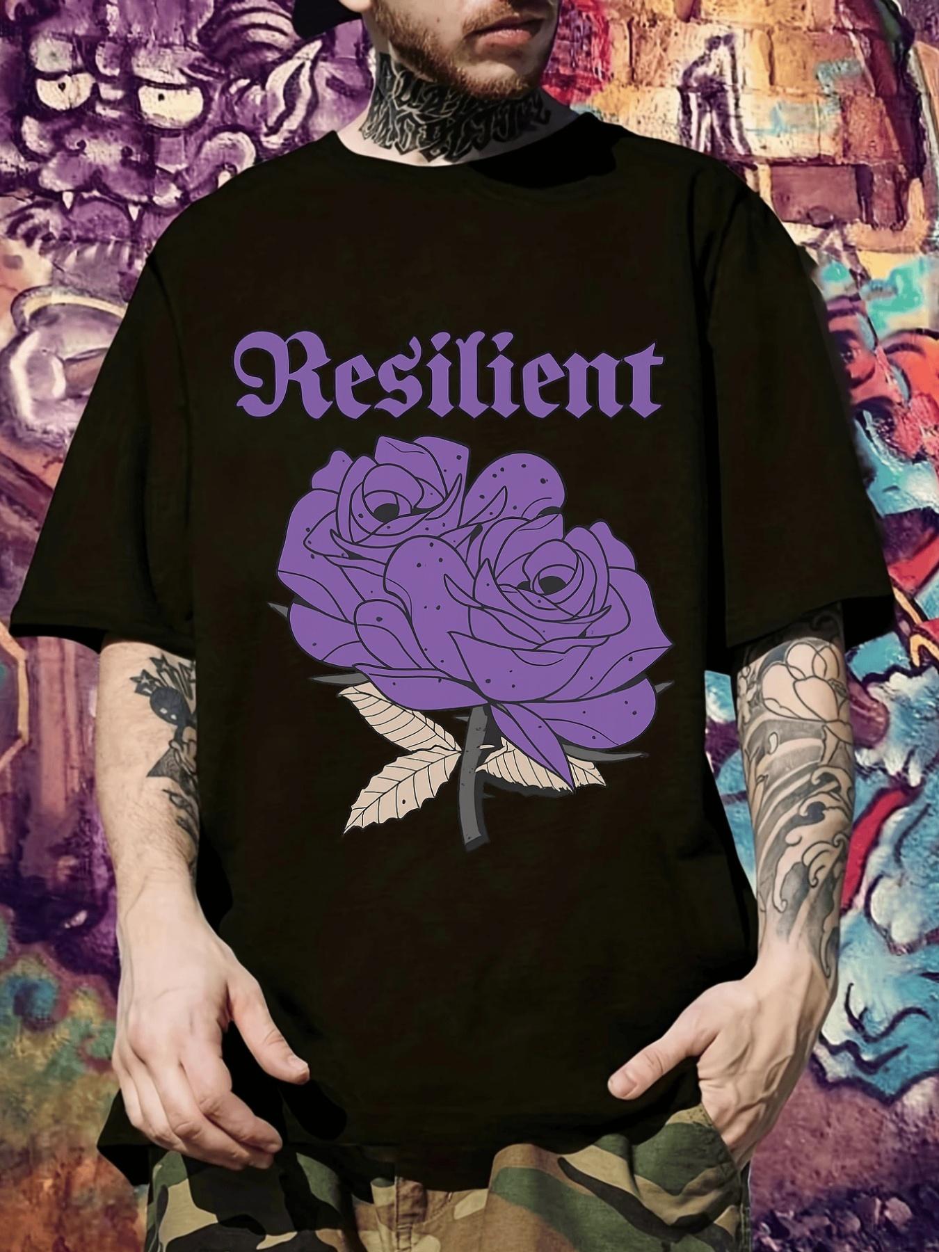 Black T-shirt with Purple Rose Print Graphic - Stretchy Casual Everyday Shirt XXXXL