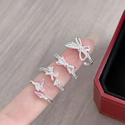 Volledige Diamant Zirconium Strik Open Ring, Dames Licht Luxe Niche Ontwerp, High-End Gevoel, Verfijnd Temperament, Glanzende Wijsvinger Ring
