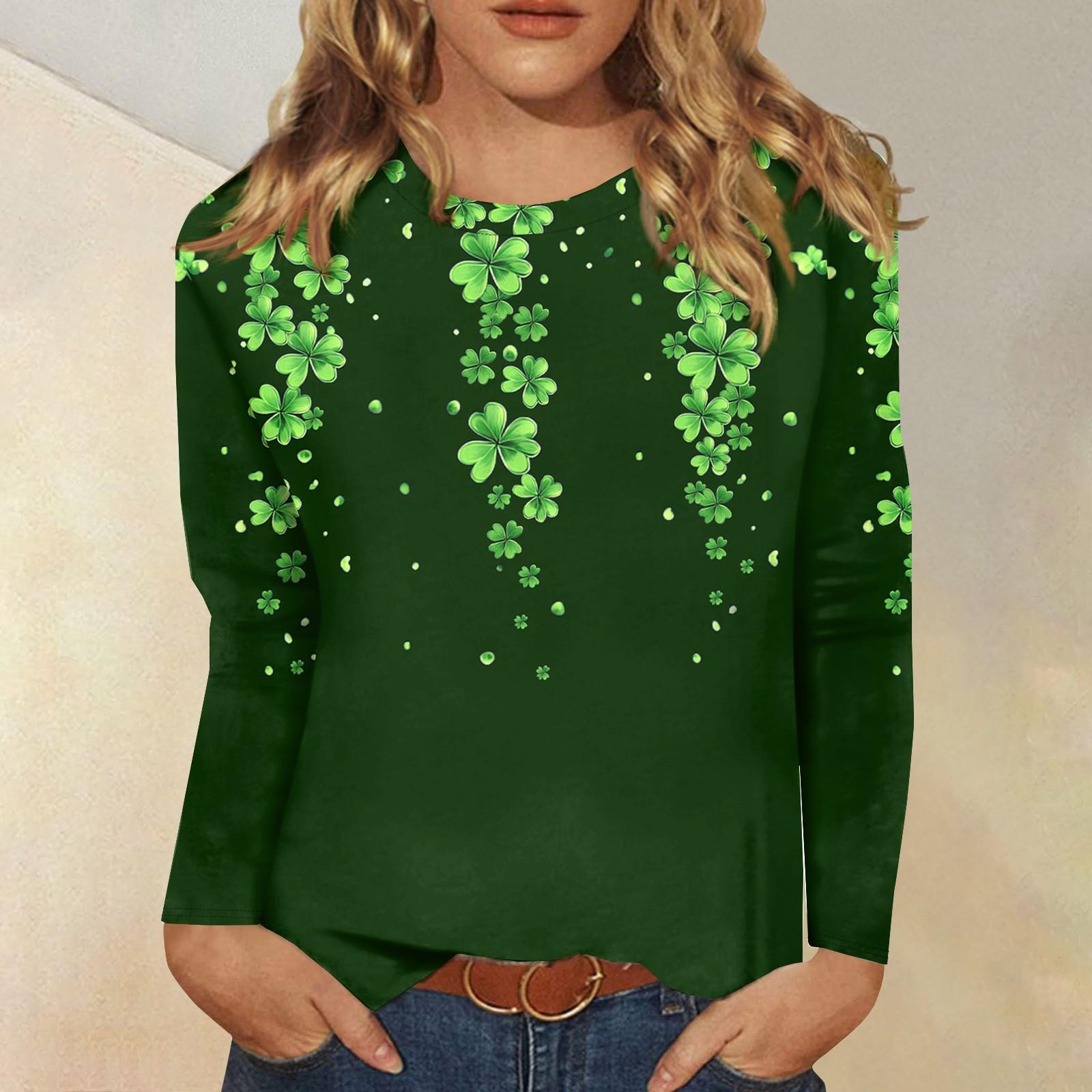 

Рубашки с длинным рукавом для женщин Милые принты Футболки Блузки Повседневные Большие размеры Базовые топы Пуловеры Рождественские L армия зеленый