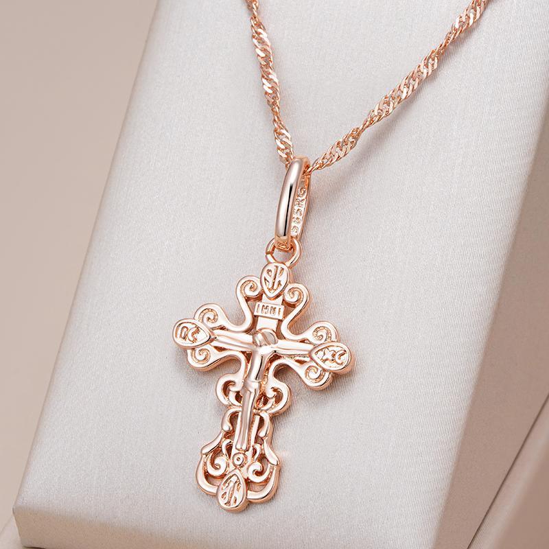 Luxury  Rose Gold Color Cross Pendant Necklace For Women Men Orthodox Church Jesus Glossy Charm Daily Fine Jewelry