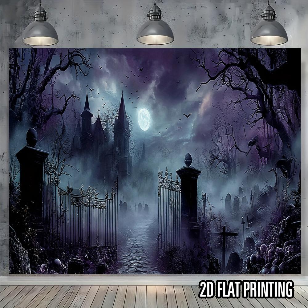 1pc Halloween haunted house cemetery scene party banner - Ghost Moon Cemetery background with doors skeletons and tombstones 180X110