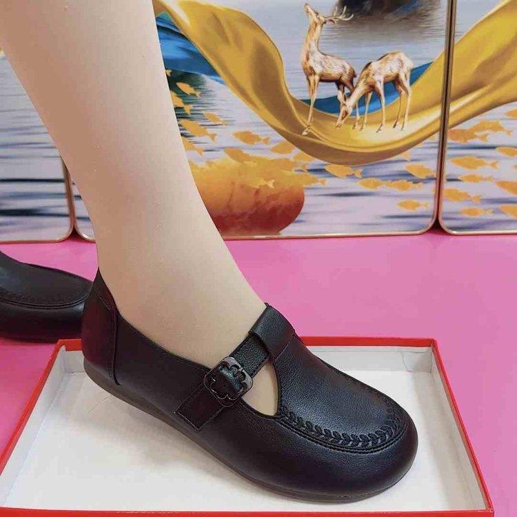 Retro beef tendon soft-soled shoes autumn new casual flat comfortable leather shoes non-slip breathable single shoes 35 чёрный