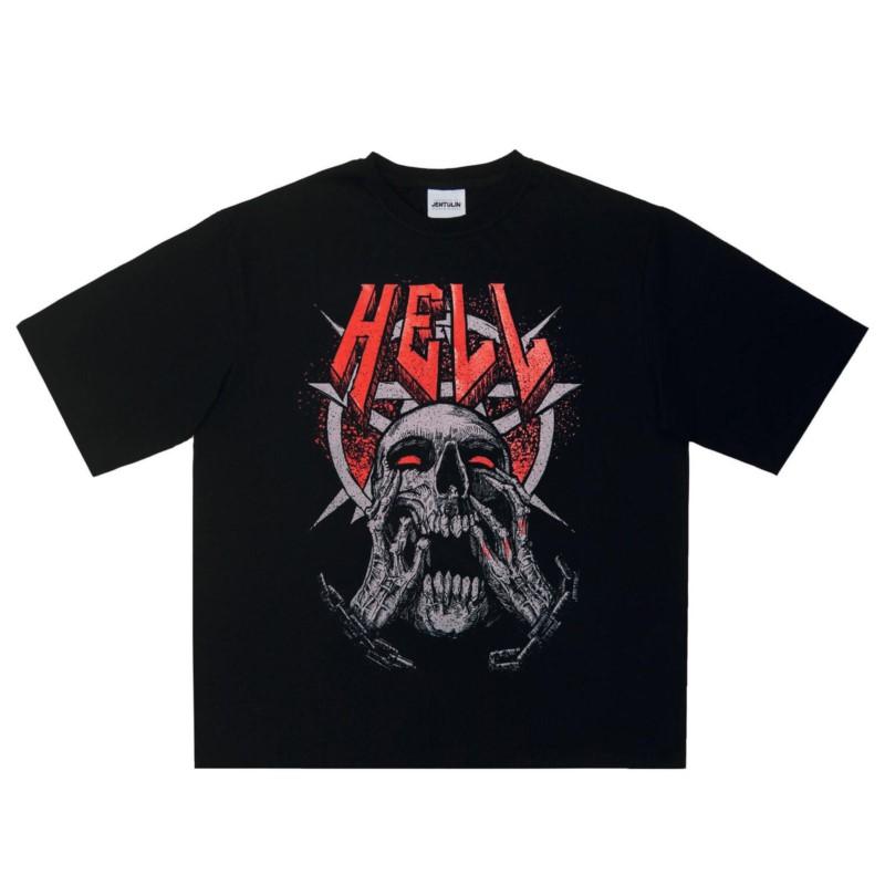 Harajuku Oversized Streetwear Mens Clothing Hell Graphic Print Tshirt Cotton Hip Hop Aesthetic Short Sleeve Tops Tees Goth Y2k S