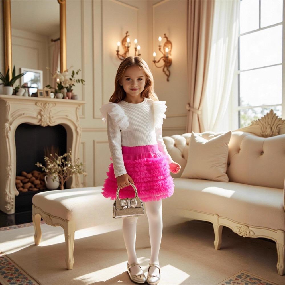 3-7Y Girls' Long-Sleeve T-Shirt + Skirt Children's Half-Skirt Spring/Fall Princess Tulle Skirt Long-Sleeve T-Shirt Puffy Skirt Set