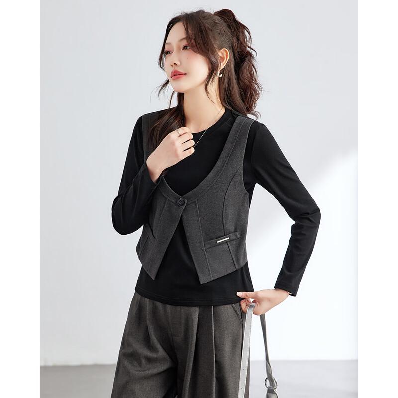 TERRE BLEUE Women s Faux Two-Piece Vest Long-Sleeve T-Shirt L