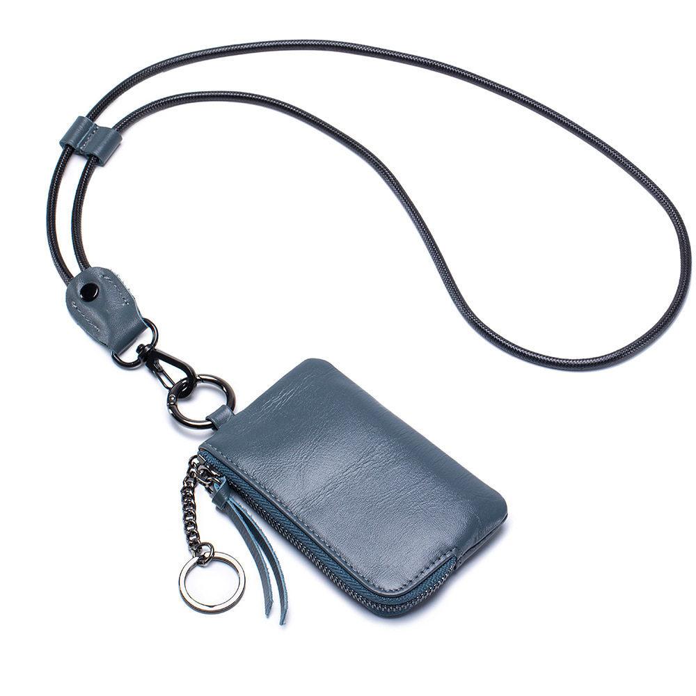 

Unisex Leather Coin Purse Keychain Mini Wallet Zipper Small Change Pouch with Lanyard Key Holder Portable Card Case Key Organizer Portable Daily Use синій