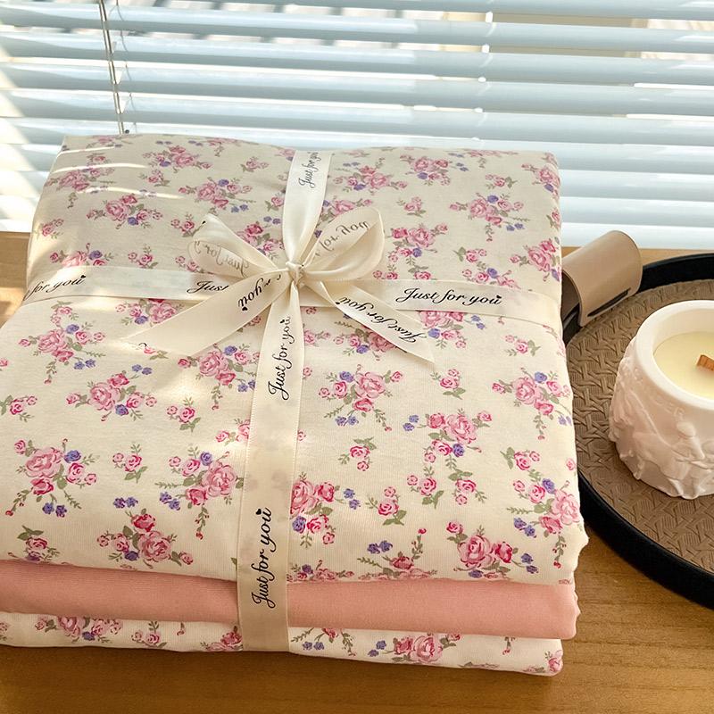 Ins Floral Print Bedding Set Knitted Cotton Flat Sheet Set Four Pieces Duvet Cover Double Layer-yarn 4Pcs Lovely Fitted Sheet