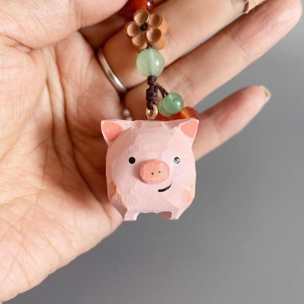Flower Carved Pig Dolls Pendant Beads Car Keyring Funny Wooden Pig Keychain  Students