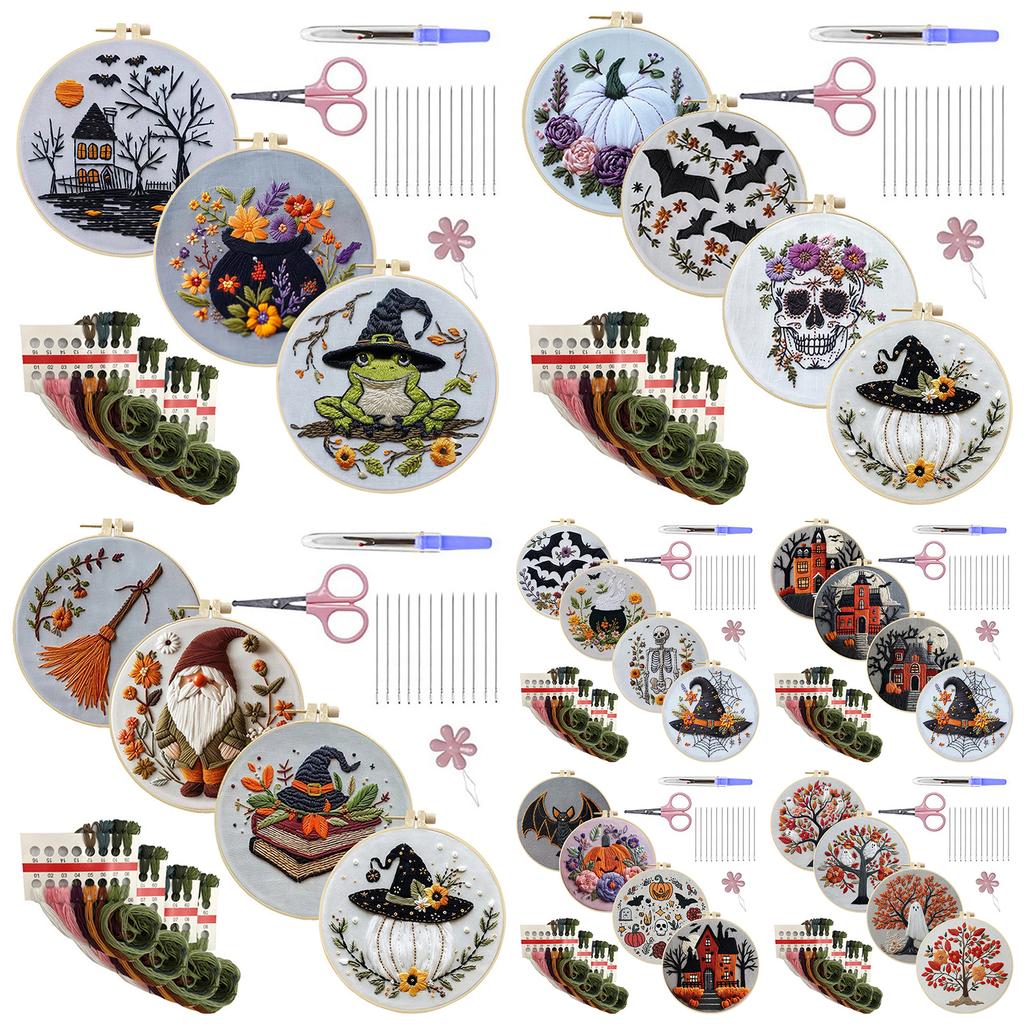 4pcs Stamped Cross Stitch Kits with Embroidery Hoop Needles Threads Instruction Cross Stitch Starter Kit with Halloween Patterns