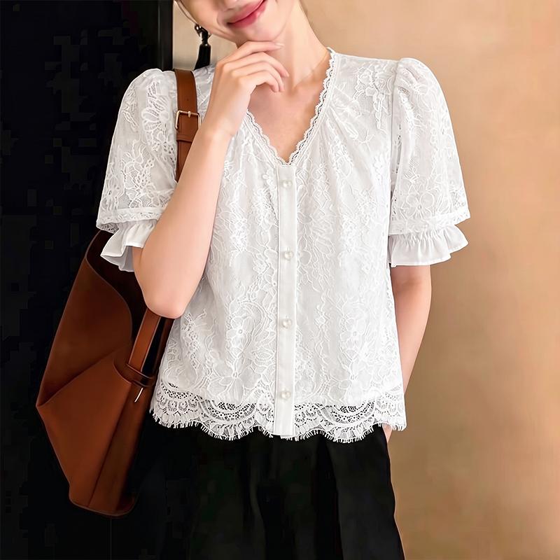 ZANZEA Women Casual V-Neck Lace Patchwork Loose Short Sleeve Blouse M