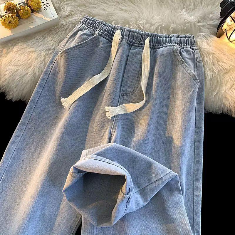 Men's Wear-Resistant Loose Fit Elastic Waist Straight-Leg Work Jeans with Drawstring for Construction Sites
