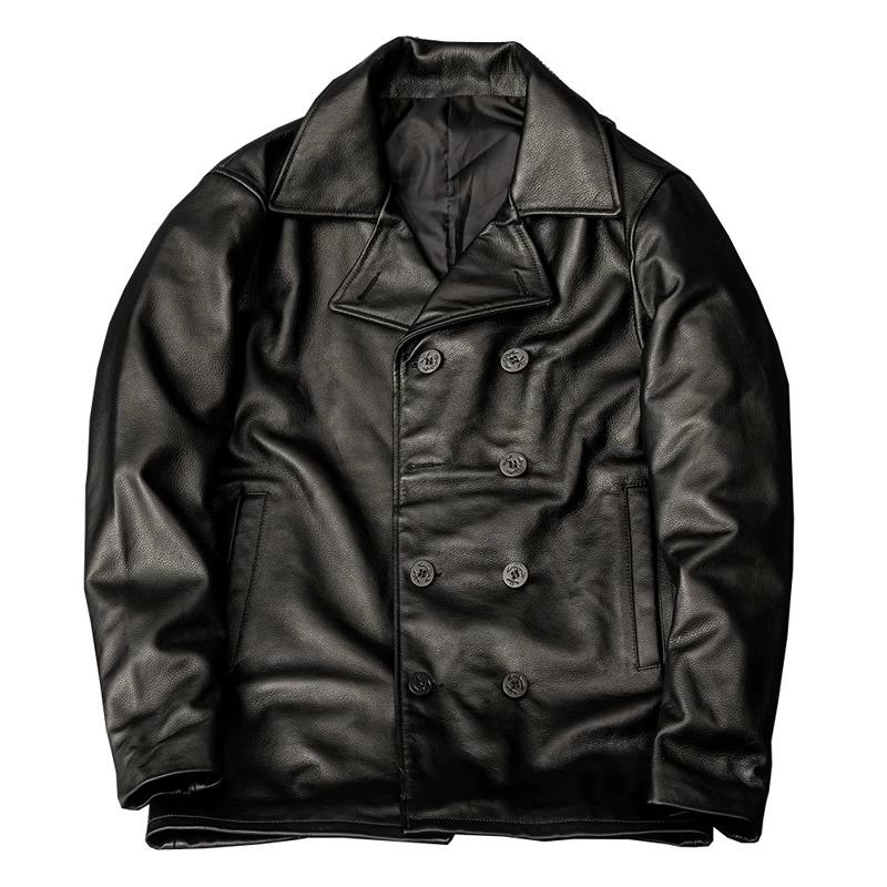 Mens Mid Length Trench Coat Genuine Top Grain Leather Jacket Big Size Business Casual Dad Outerwear