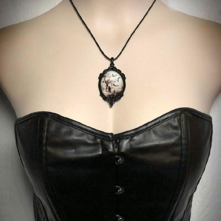 Vintage Bat Cemetery Glass Pendant Necklace Clavicle Chain Halloween Jewelry