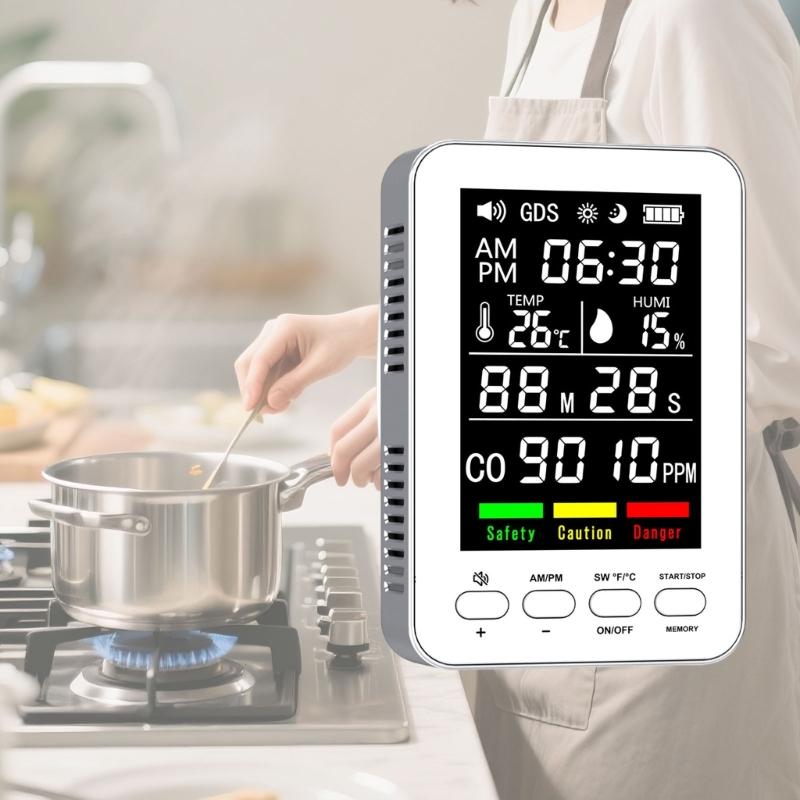 Intelligent Harmful Gas Alarm With Temperature Moisture Display Clock And Magnetic Back For Indoor Use