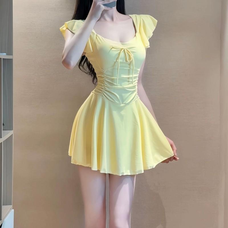 

Yellow Ruffled Skirt Style Straight Angle Simple One-piece Swimming Suit Female Fairy Fan Conservative Small Chest Bare Back To Show Slimming Vacation M жёлтый