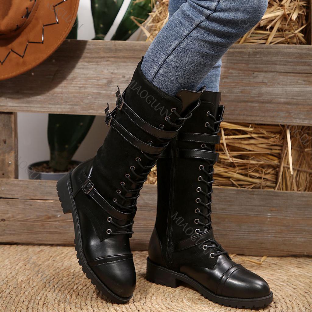 Fashion Autumn and Winter New Colorblocking Leather Boots for Women Round Head Belt Buckle Lace-up Thick Heel Mid-calf Knight Boots