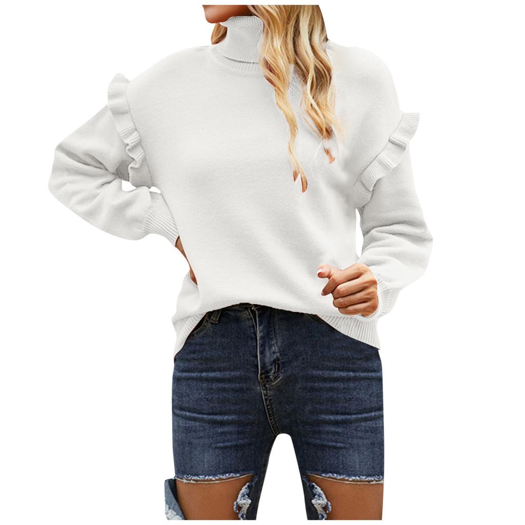 Women's Long Sleeve Pullover Knitwear Two Lapel Ruffle Sleeves Solid Color Sweater