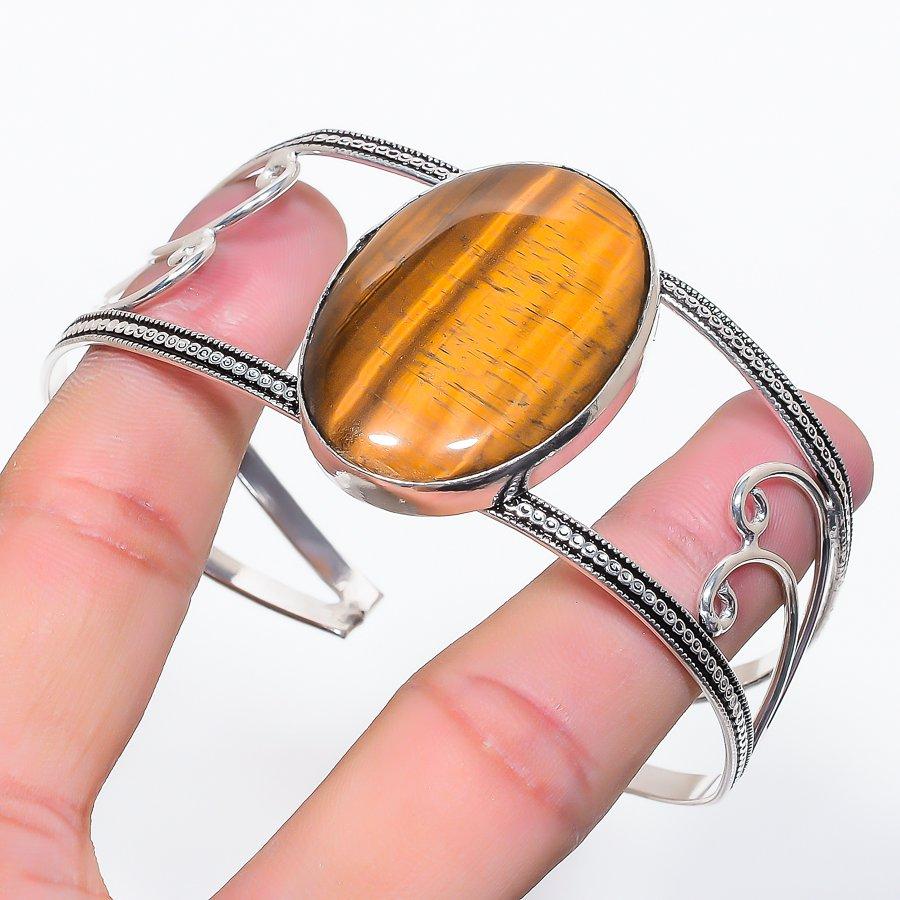 Natural Tiger Eye Gemstone 925 Sterling Silver Cuff Bangle Adjustable V4s19