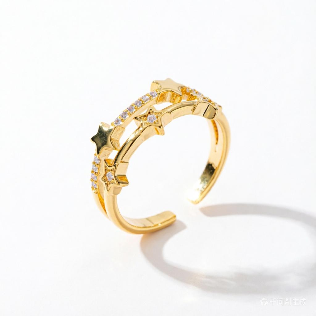 Women'S 18K Gold Plated Double Layer Star Adjustable Ring, Sparkling Cubic Zirconia & Solid Star Open Band, Hypoallergenic Nicke