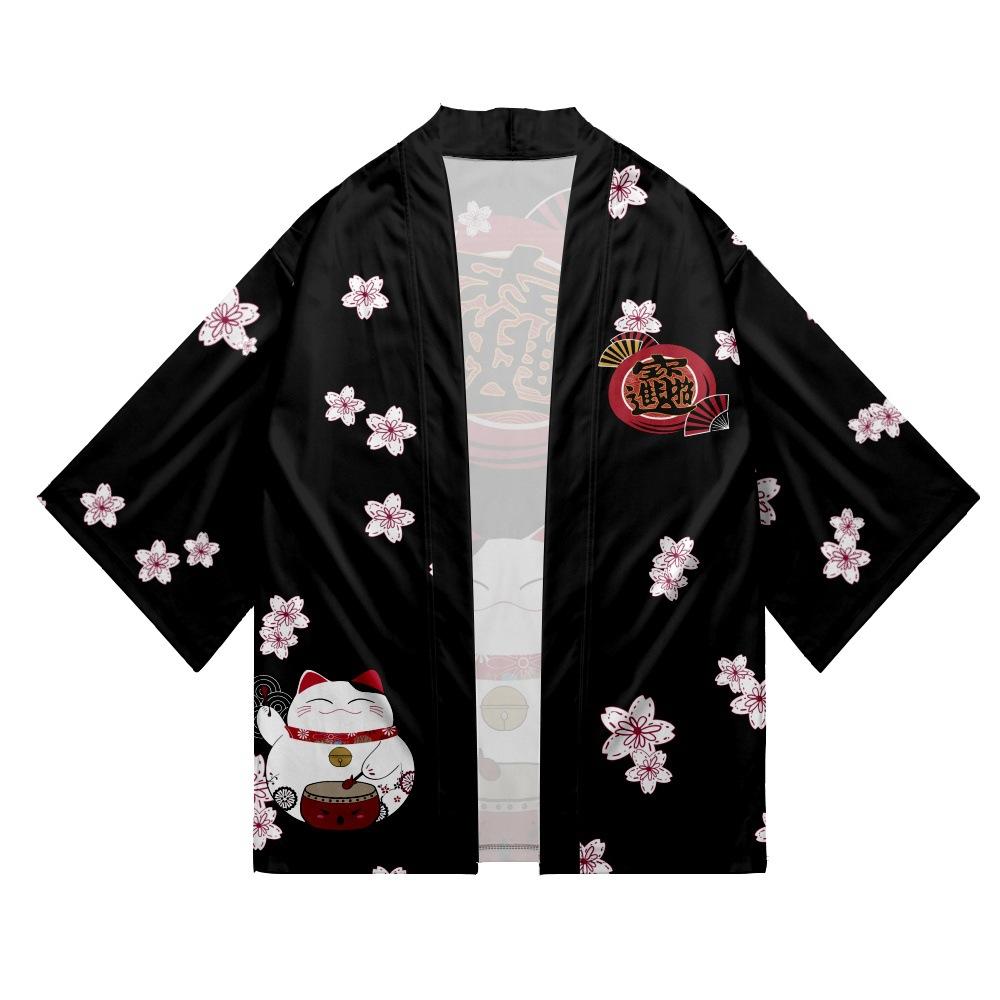 Japanese Sakura Cat Samurai Printed Kimono for Men Women, Haori Cardigan, Traditional Costume, Loose Short Sleeve Cloak, S-3XL