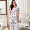 European and American Lace Lace Round Neck Floral Print Short-sleeved Cropped Pants, Women Can Wear Loungewear Two-piece Package