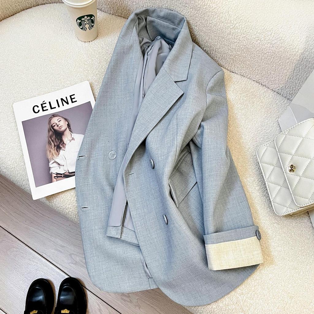Blue Fashion Korean Style Women's Suit Jacket - 2025 Spring/Autumn Casual Street Style