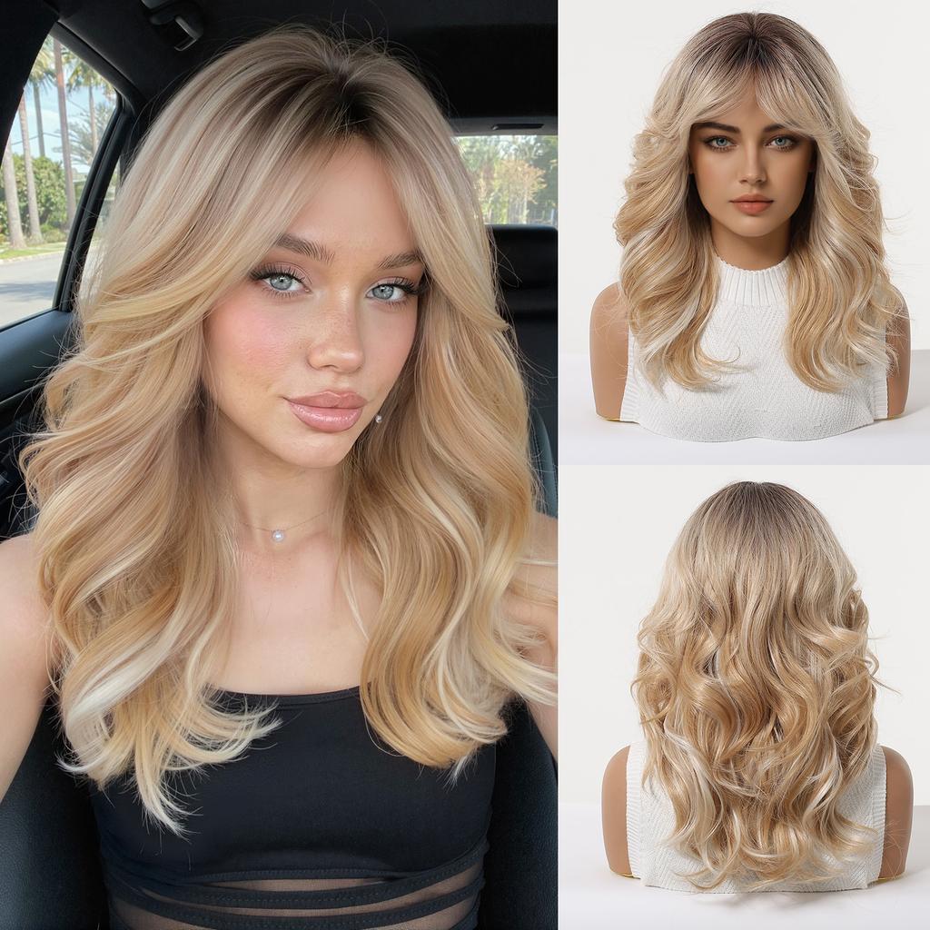 16inch Long Blonde Body Wavy Synthetic Wigs with Bangs for Women Heat Resistant Natural Hairs Wig for Daily Cosplay Party Wear