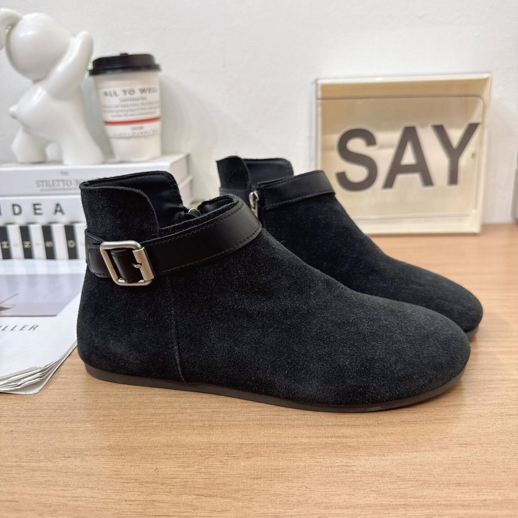 Belt buckle short boots women's Martin boots autumn and winter round head Birkenstock retro comfortable temperament new versatile side zipper