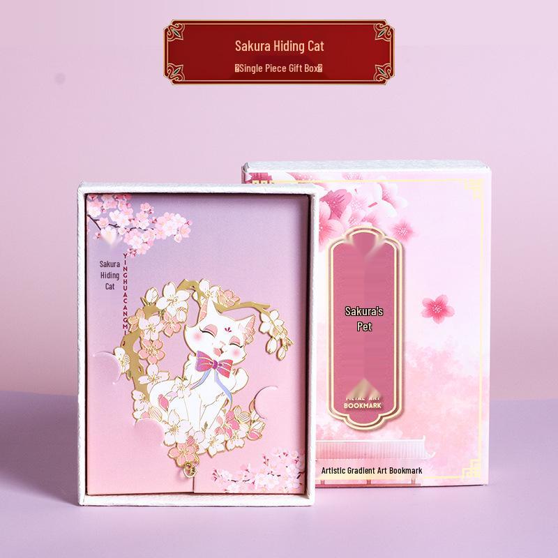 Cherry Blossom Cute Pet Meow Whale & Deer Metal Art Bookmark Gift Box: Chinese Style with National Trend Aesthetics & Ancient Festival Charm.