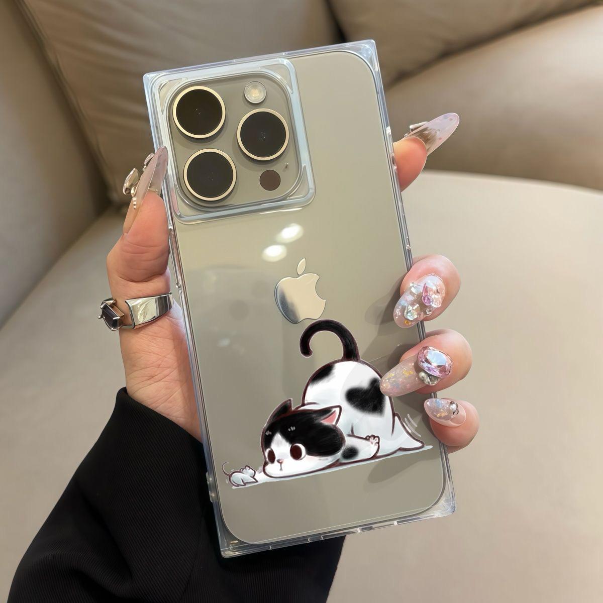 

Square Back Tube Protection Clear Case For iPhone 13 15 Plus 12 16 ProMax 14 Pro Max 11 Anti-Oxygen,Loving Cat And Mouse Eye Contact Pattern Casing iphone 11 ProMax