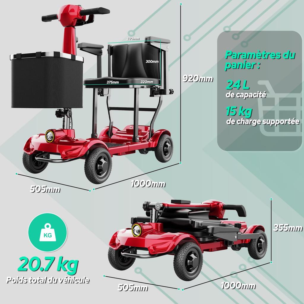 TODIMART X17 Scooter De Mobilité À 4 Roues,Autonomie Longue 30–35 Km,20kg Pliable Et Légère Pour Adultes Et Seniors