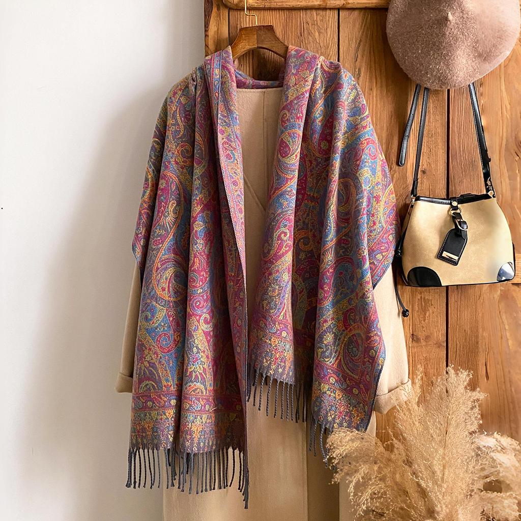 Rand Fashion Dámský zimní kašmírový šál - Vintage květinový potisk s třásněmi ve stylu olejomalby Pašmína Silný přehoz & Šála